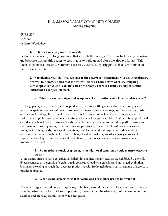 Worksheet for Asthma