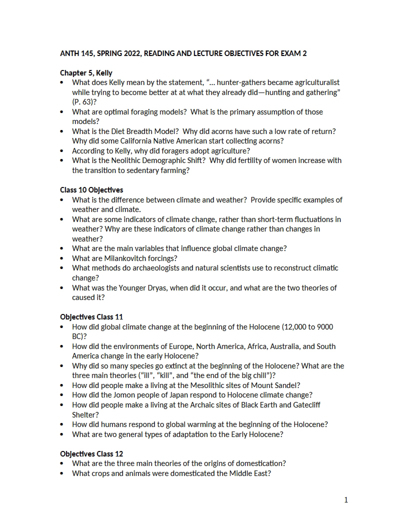 Exam 2 Lecture and Reading Objectives