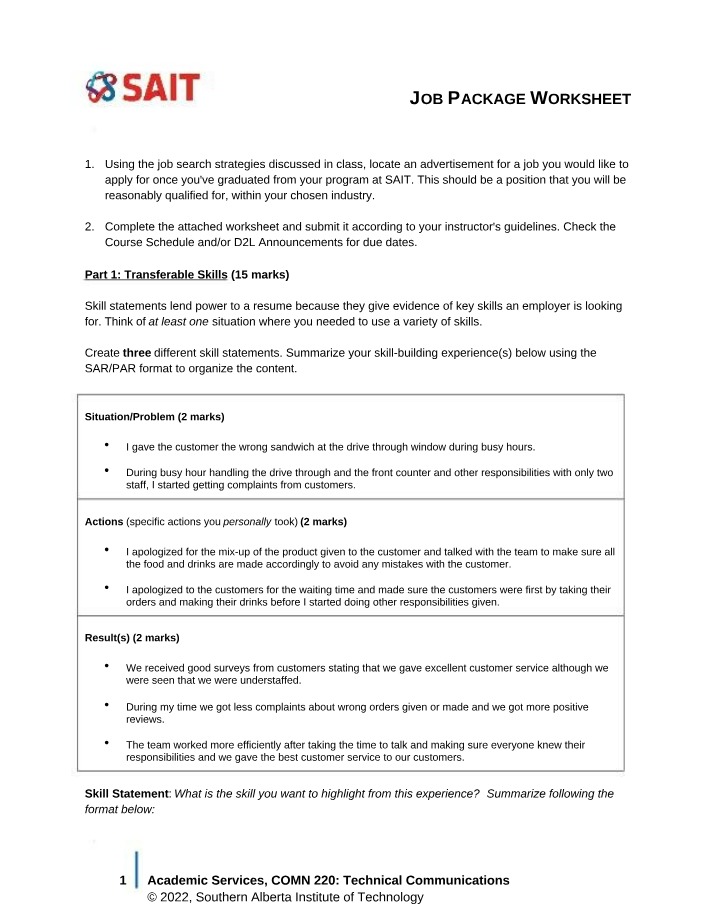 Job Package Worksheet Draft