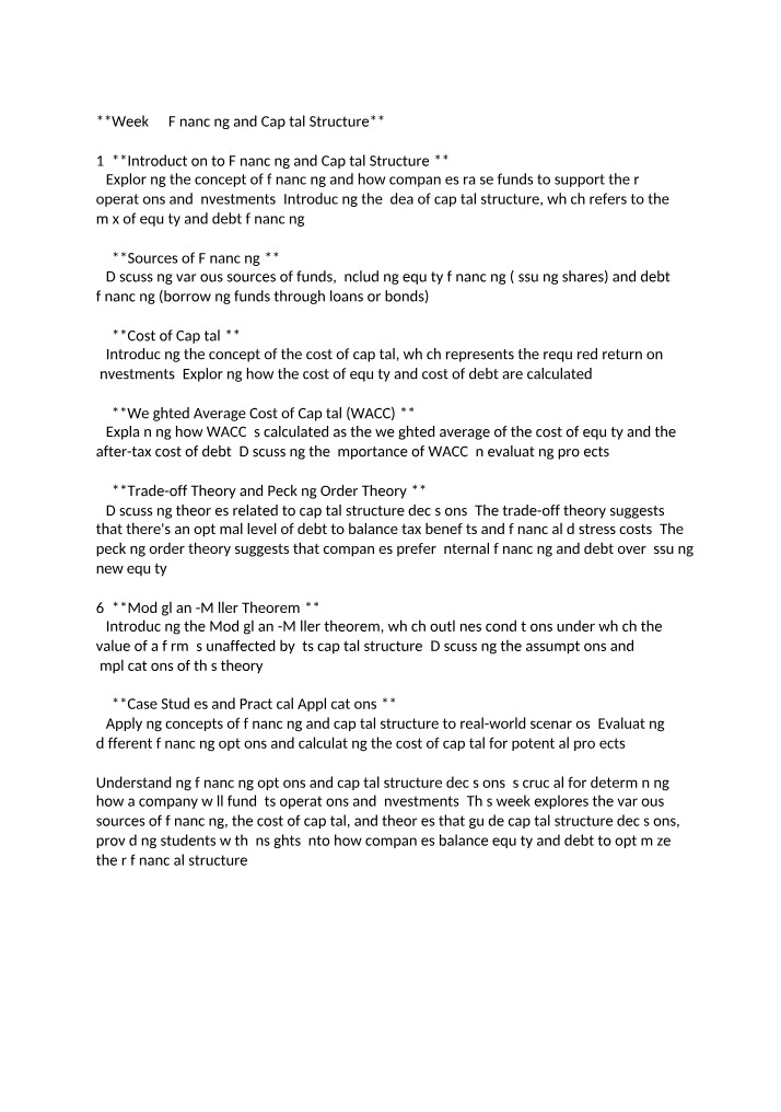 Week 7 - Financing and Capital Structure Notes