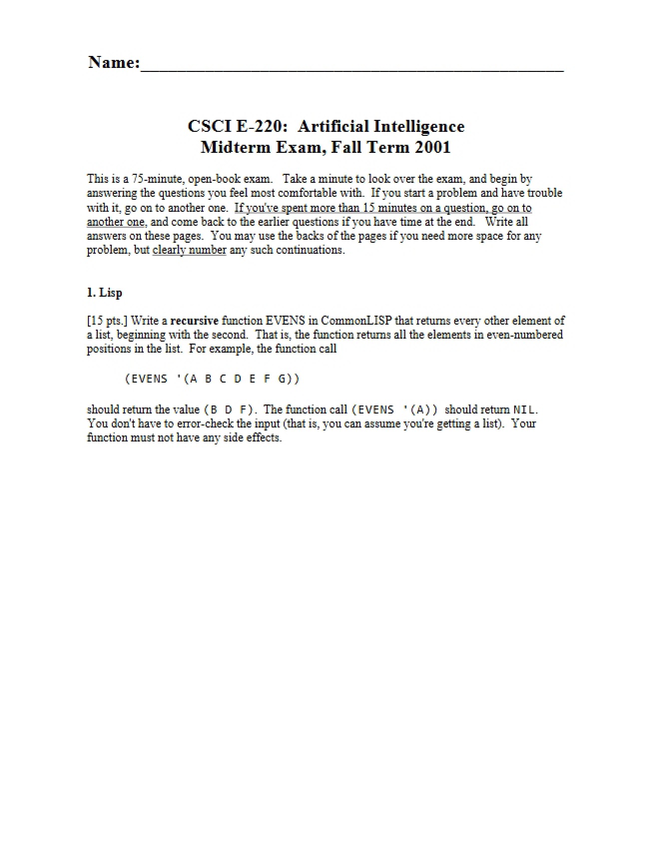 Midterm Examination for Artificial Intelligence