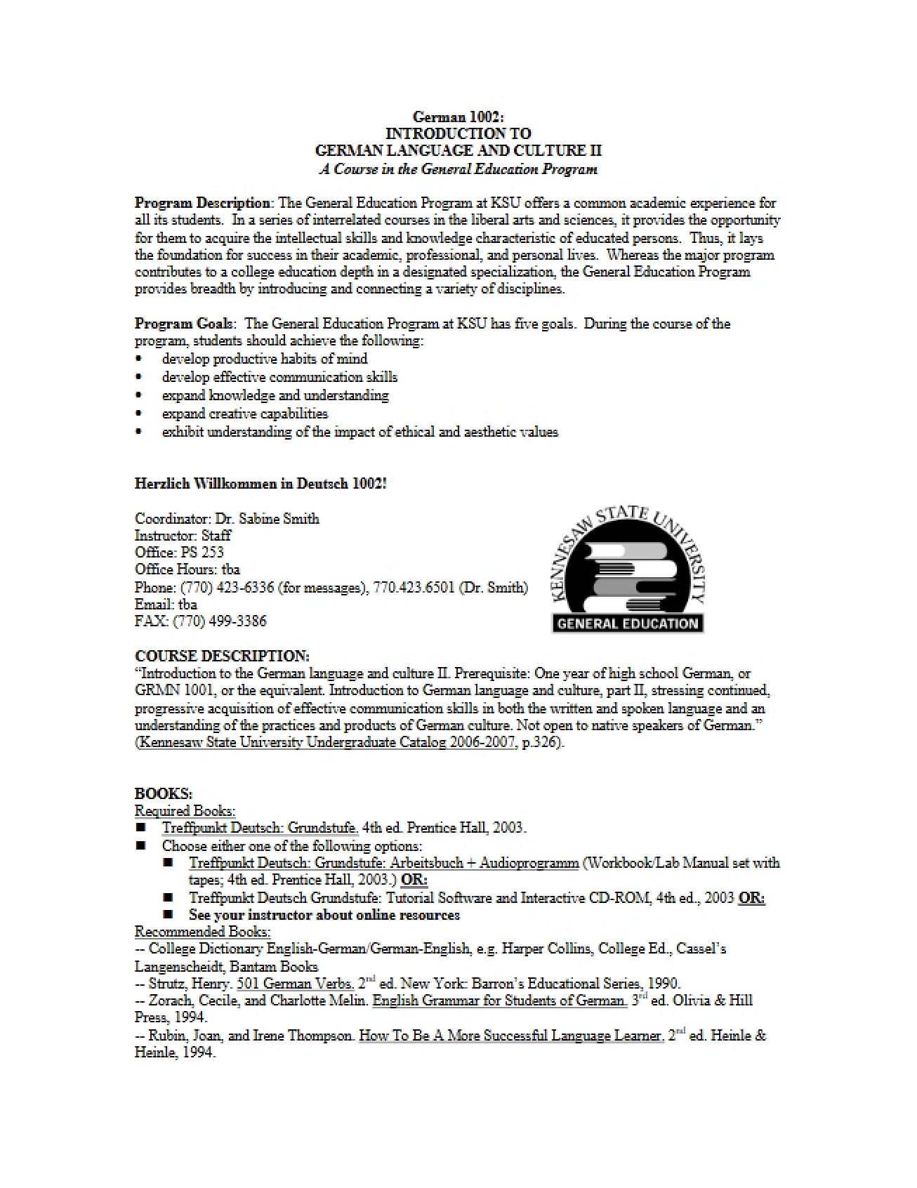 Detailed Syllabus for Introduction to German II