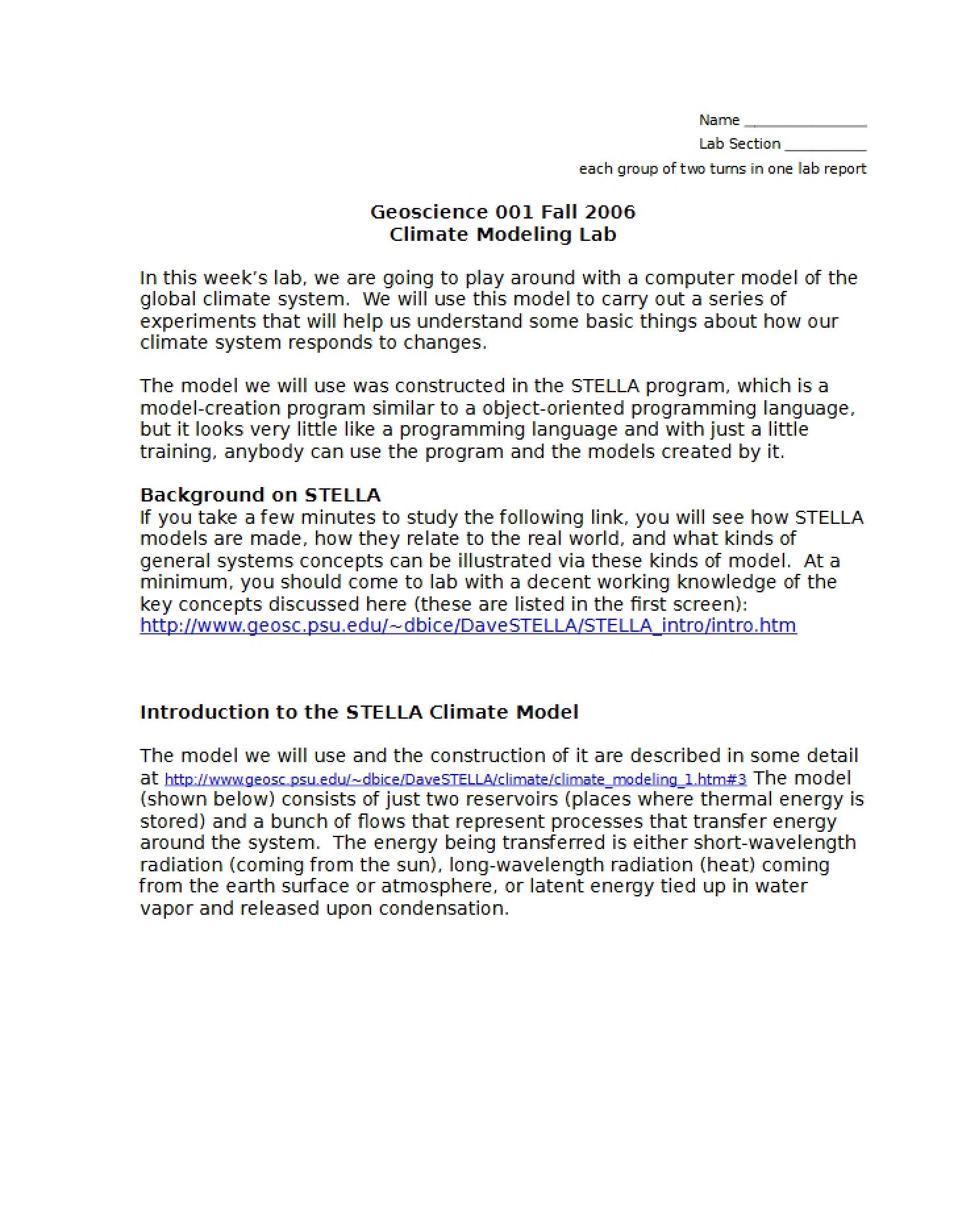 Climate Modeling Lab (Fall 2006)