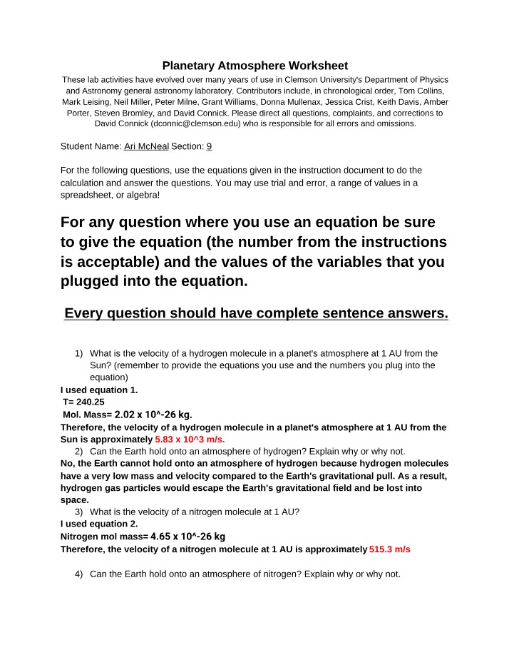 Planetary Atmosphere Worksheet Practice