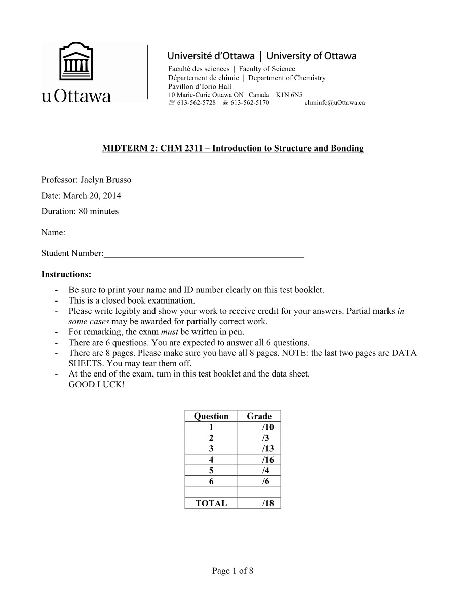 Midterm 2 - Winter 2014 (CHM2311)