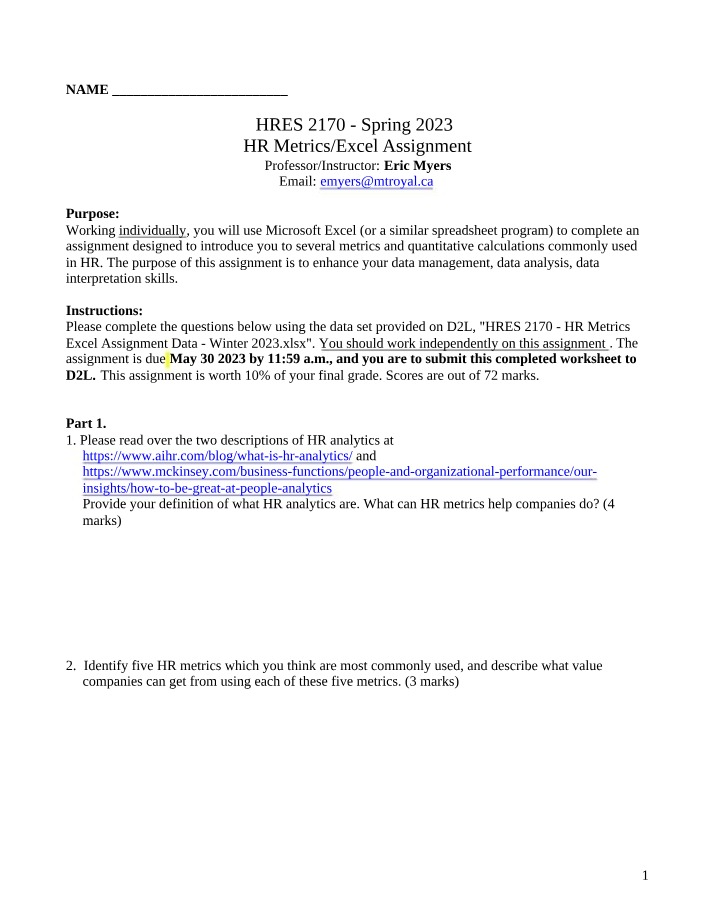 HR Metrics Excel Assignment for HRES 2170 (Spring 2023)