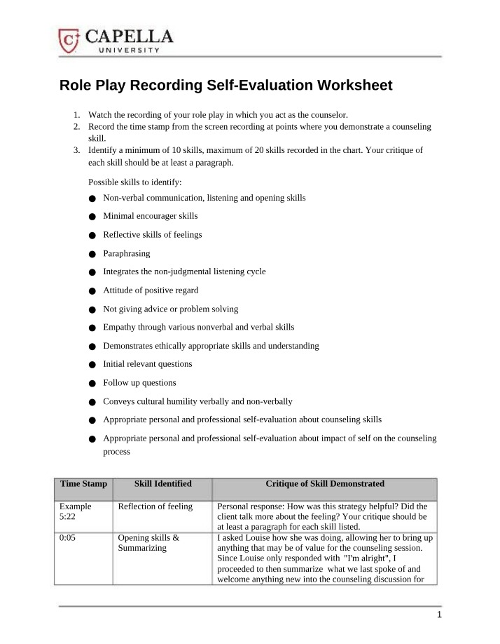 Worksheet for Role Play Recording Self-Evaluation
