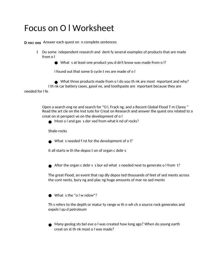 Worksheet on Oil