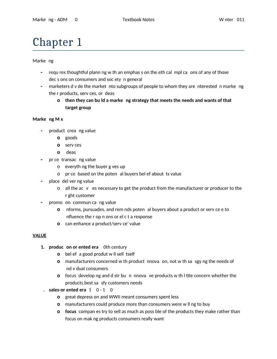 ADM2320 Marketing Textbook Notes - Winter 2011