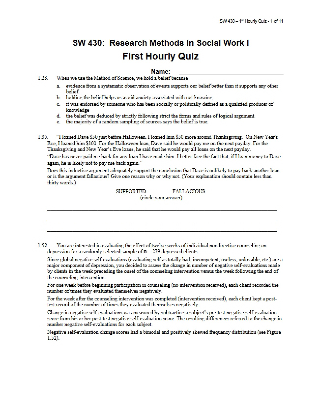 Final Exam for Social Work Research Methods I