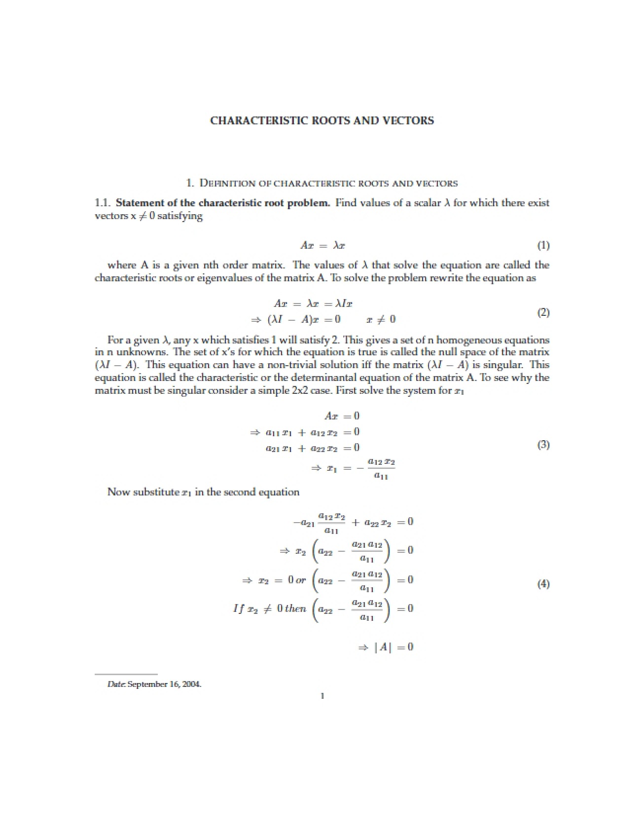 Introduction to Characteristic Roots and Vectors