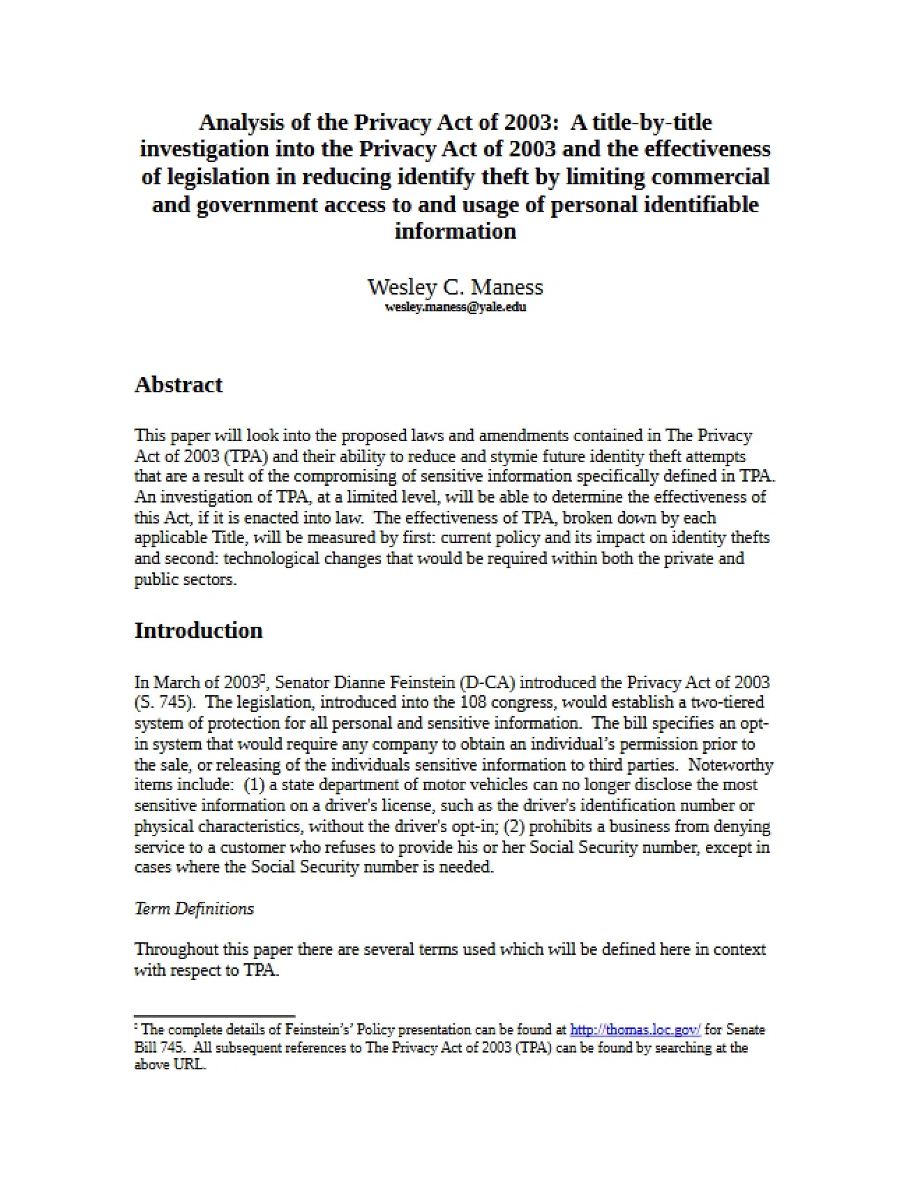 Privacy Act of 2003 Analysis