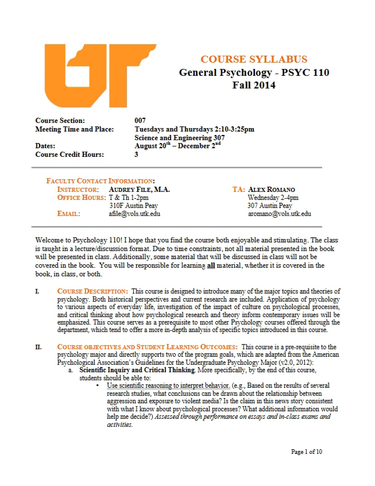Syllabus for Psychology 110