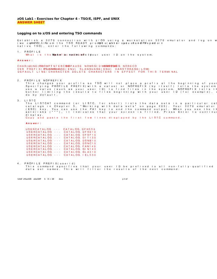 zOS Lab 1 Answer Sheet - TSO-E, ISPF, and UNIX Chapter 4 Exercises