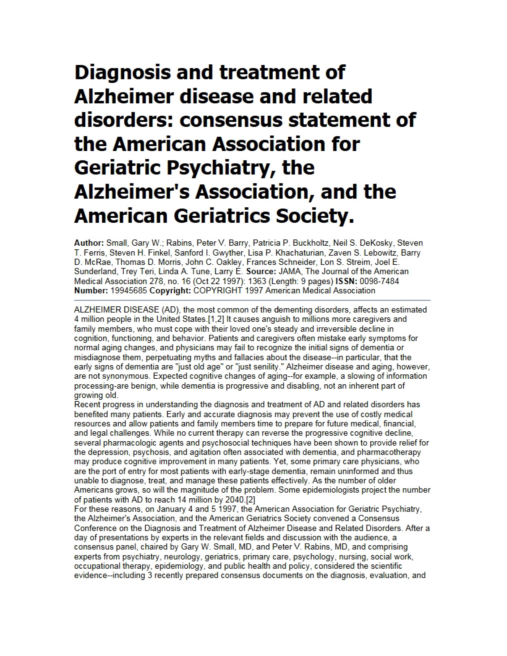 Alzheimer's and Related Disorders Diagnosis and Treatment