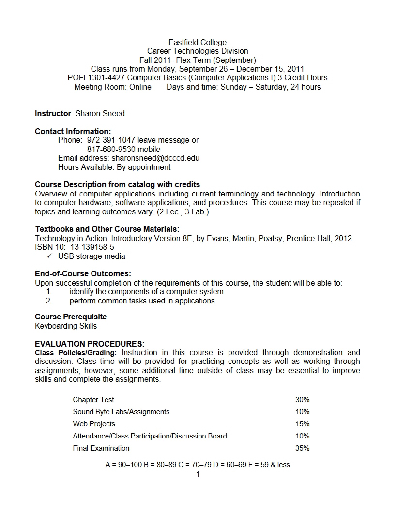 Computer Applications I Course Outline
