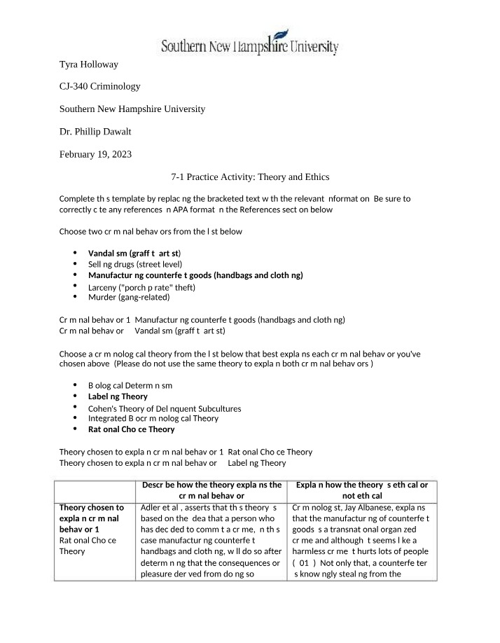 Theory and Ethics - CJ 340 Module 7-1 Practice Activity