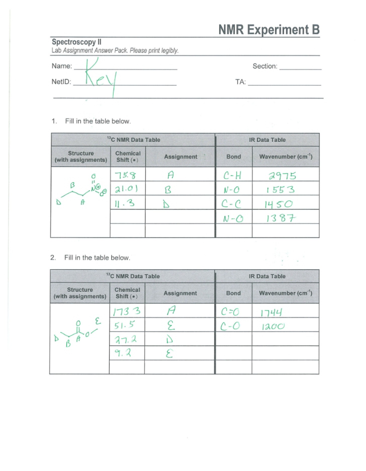 Key for Part B Answers
