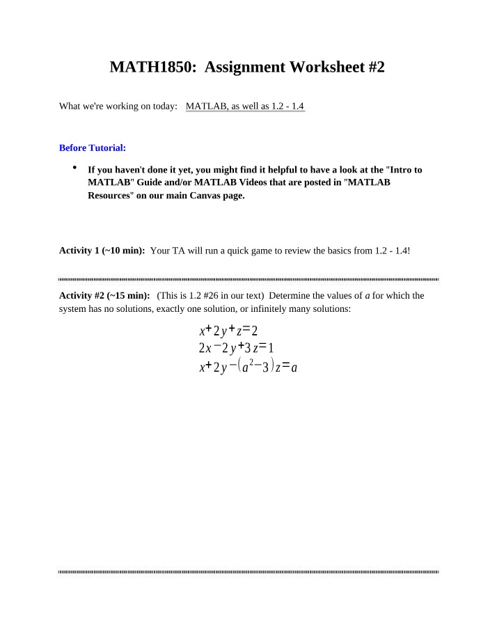 Worksheet 2 for MATH1850 Assignment