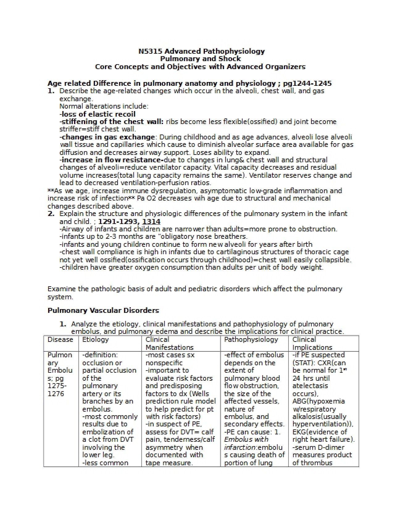 Advanced Organizers Core Concepts of Pulmonary and Shock