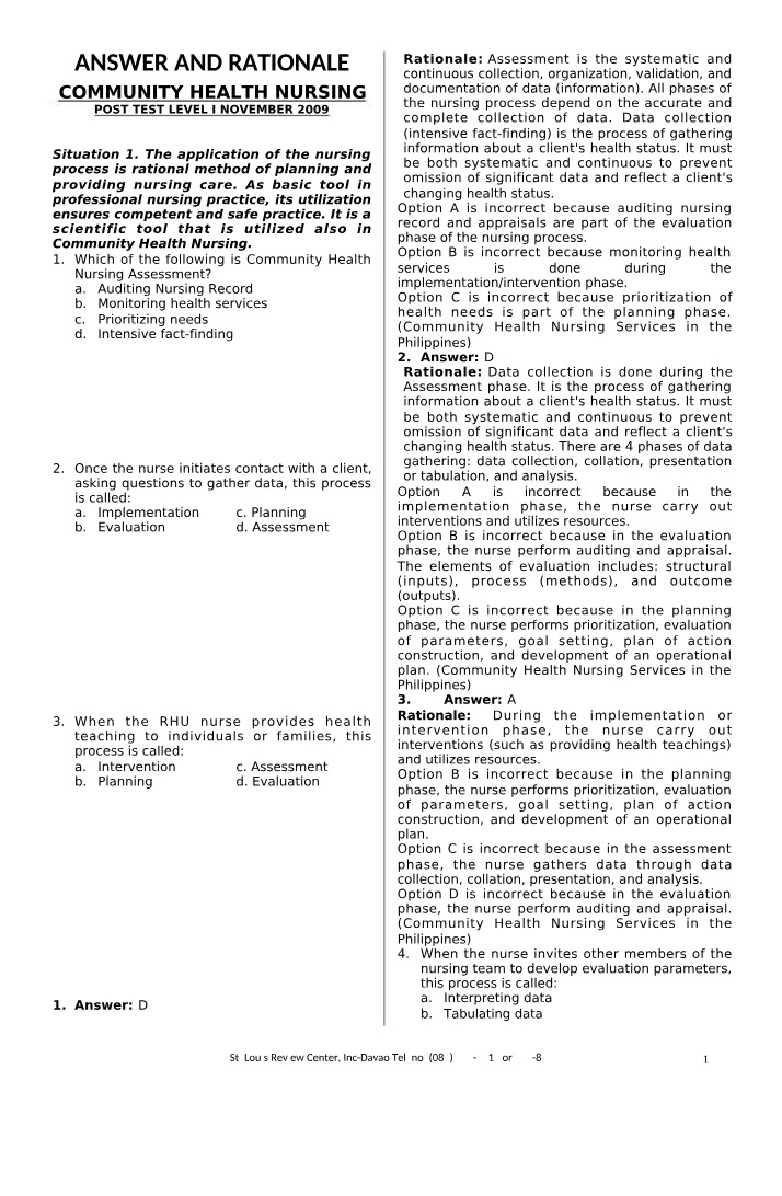 Community Health Nursing Assessment and Rationale