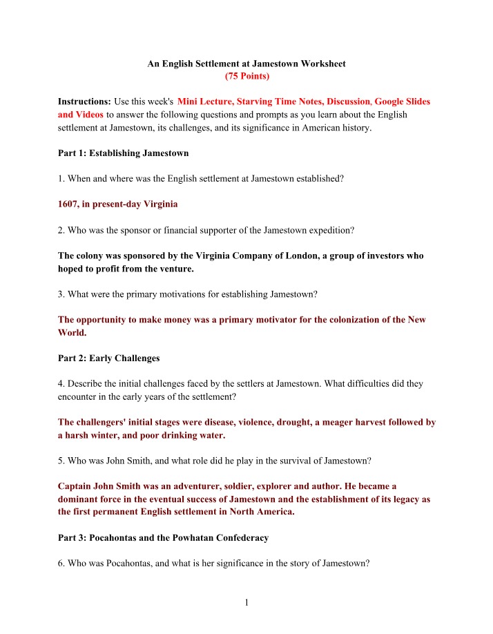 Worksheet on the English Settlement at Jamestown