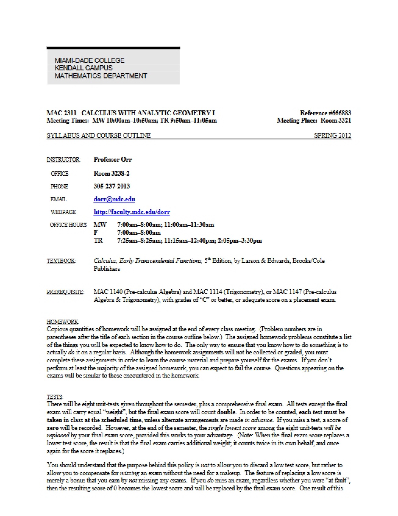 Calculus and Analytic Geometry 1 Syllabus - 5 Pages