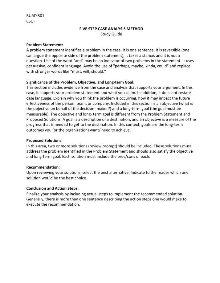 Study Guide for Five Step Case Analysis Method