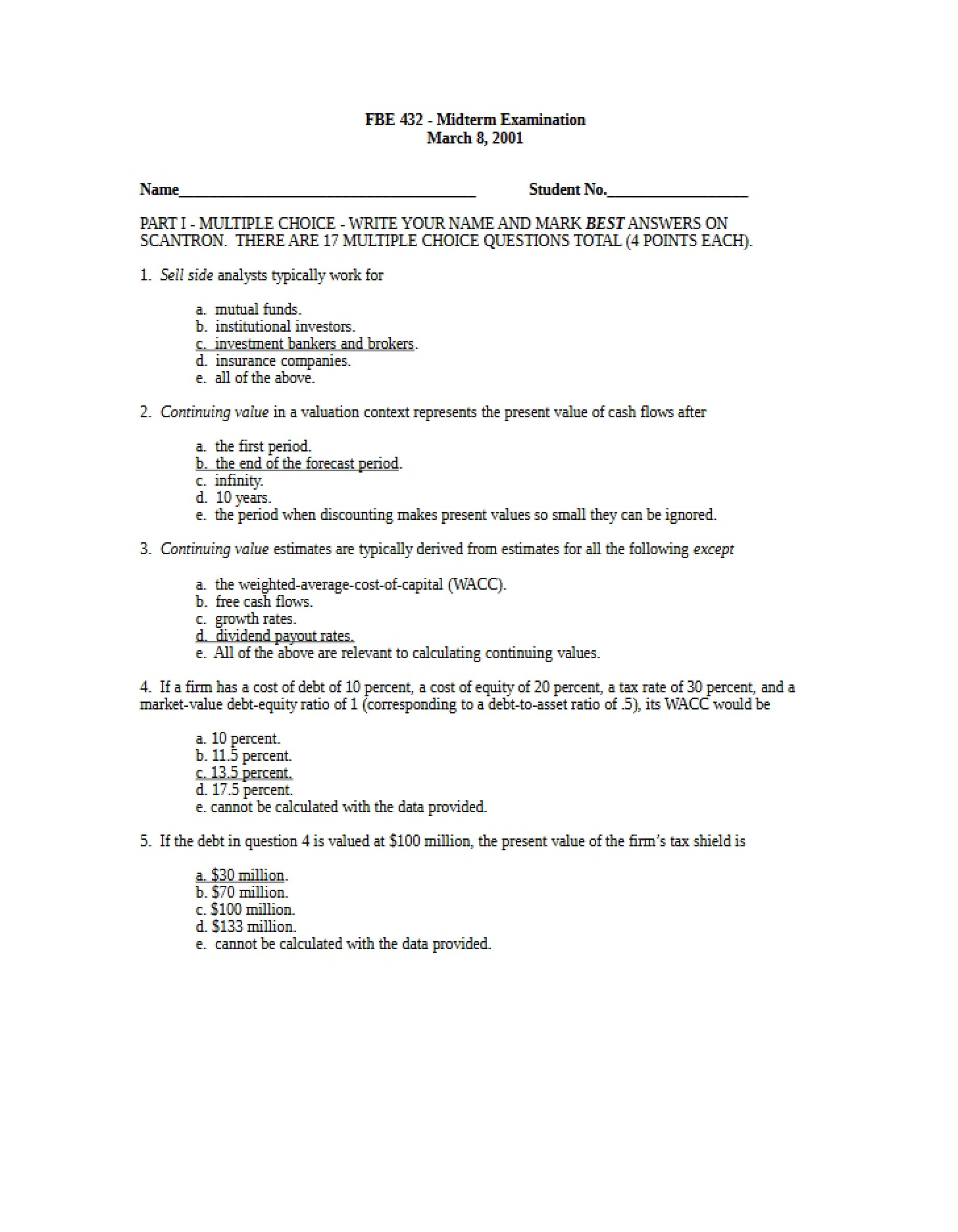 Answers for Midterm 2001
