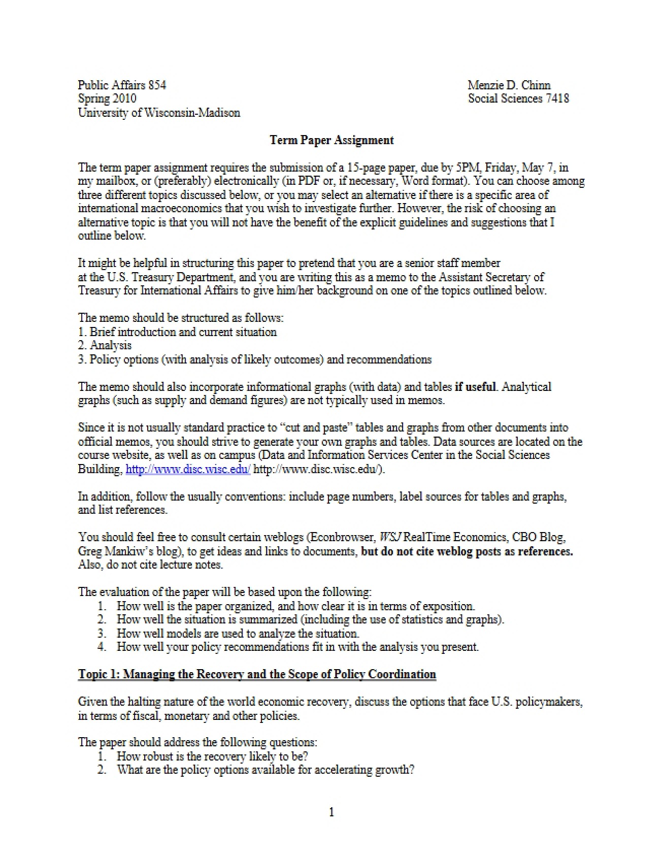 Assignment for Term Paper - Macroeconomic Policy and International Financial Regulation