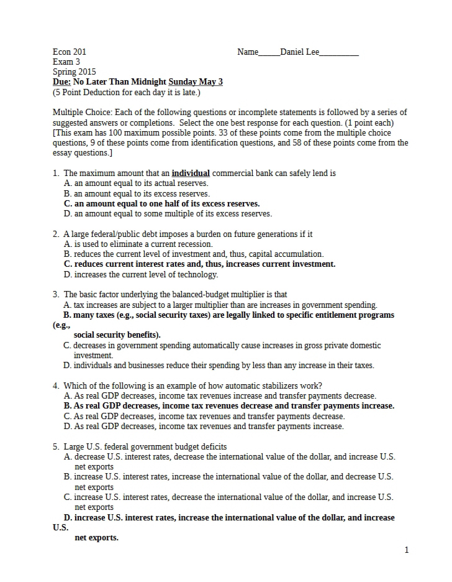 Exam 3 for Economics 201