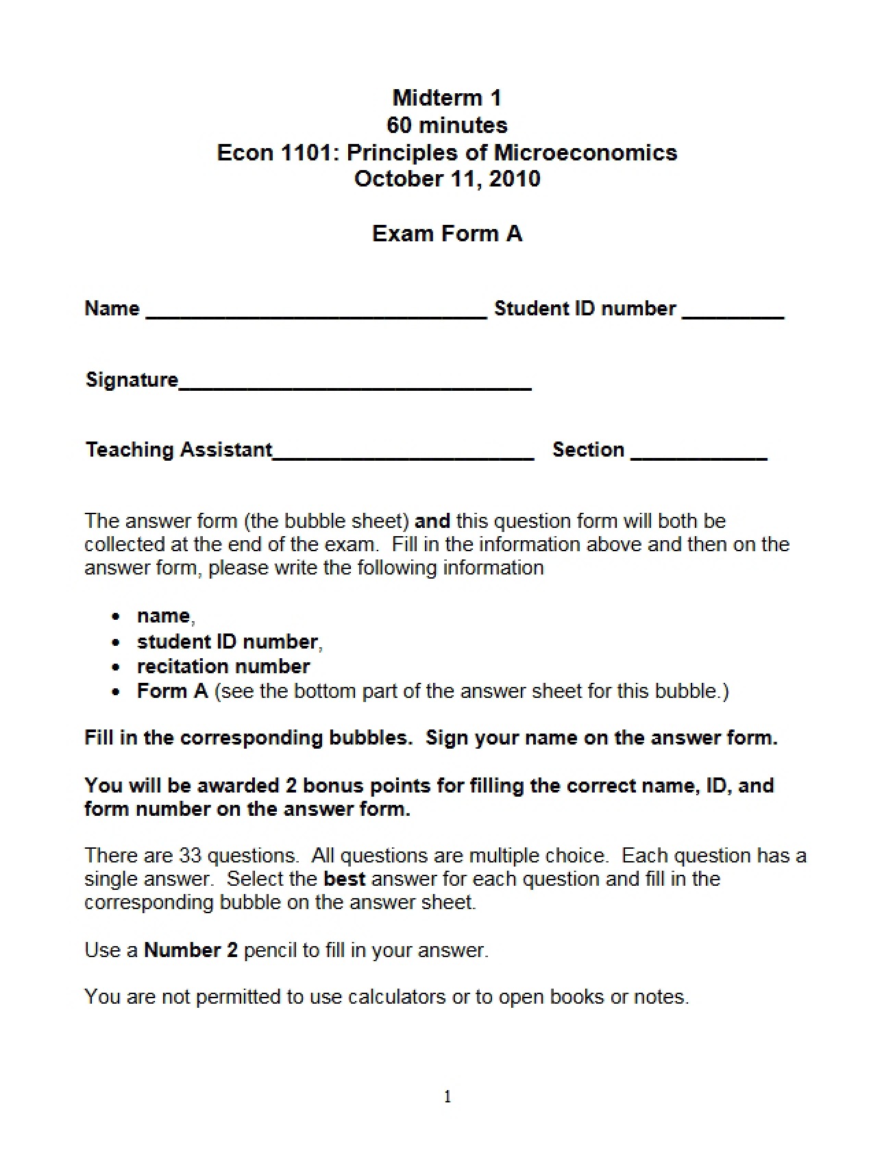 2010 First Midterm Form A