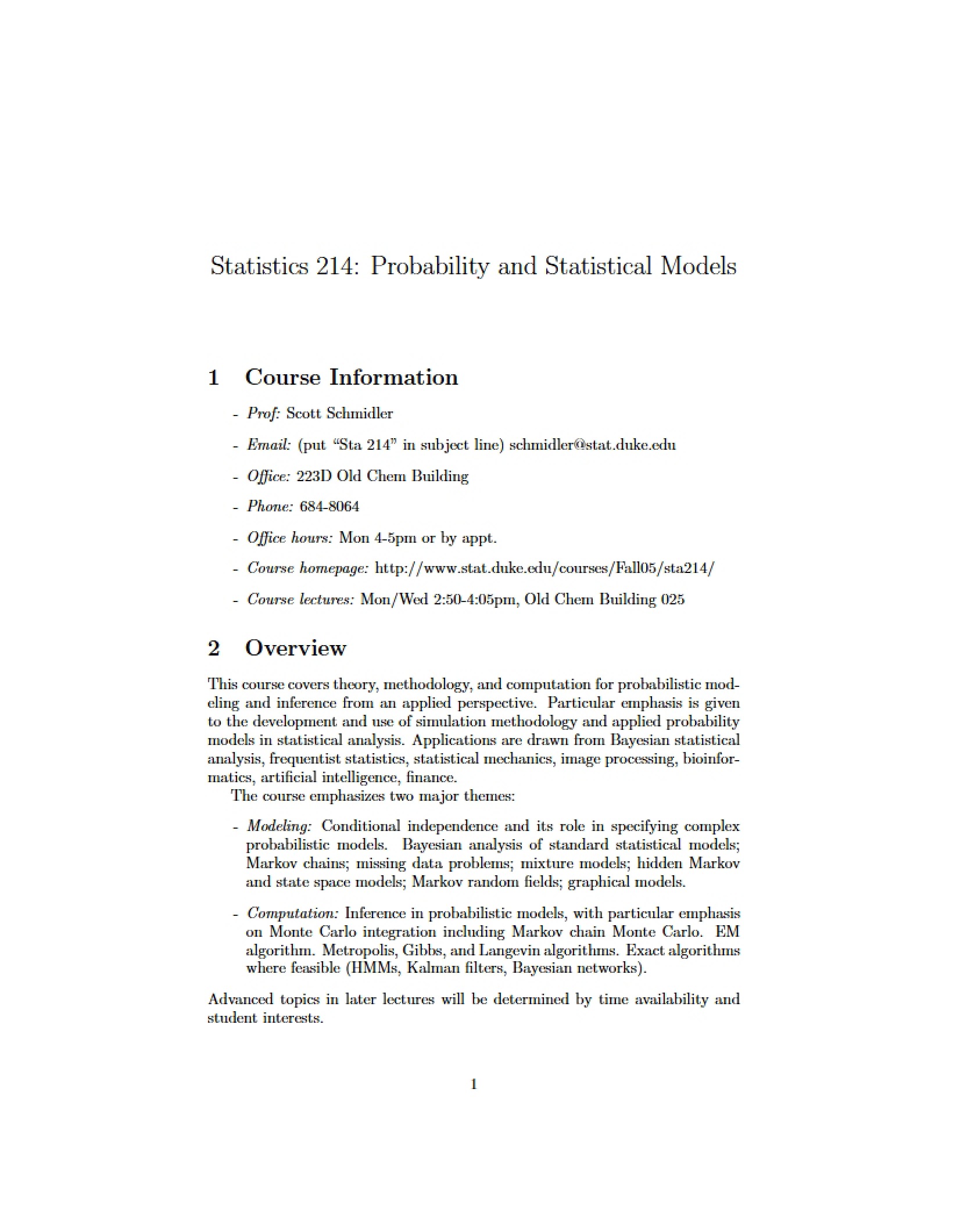 Statistical Models Syllabus