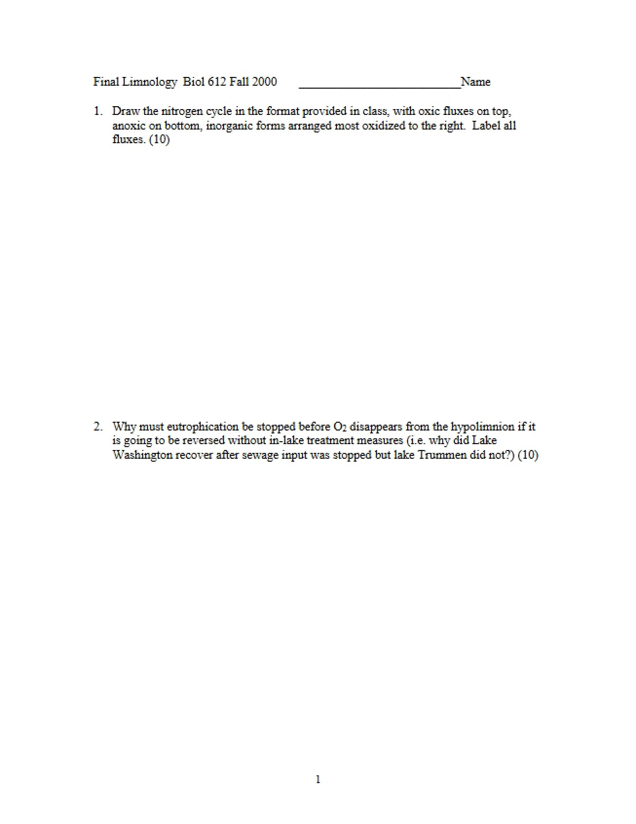 Final Exam in Limnology