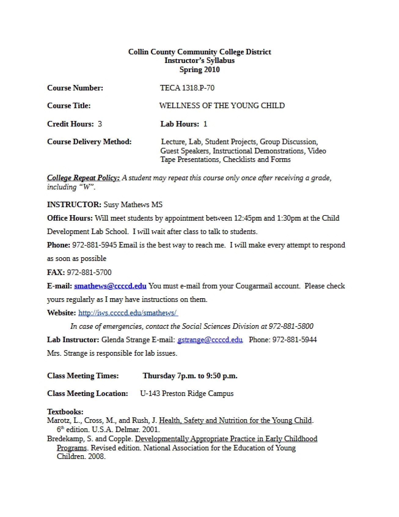 Spring 2010 Syllabus Wellness of the Young Child