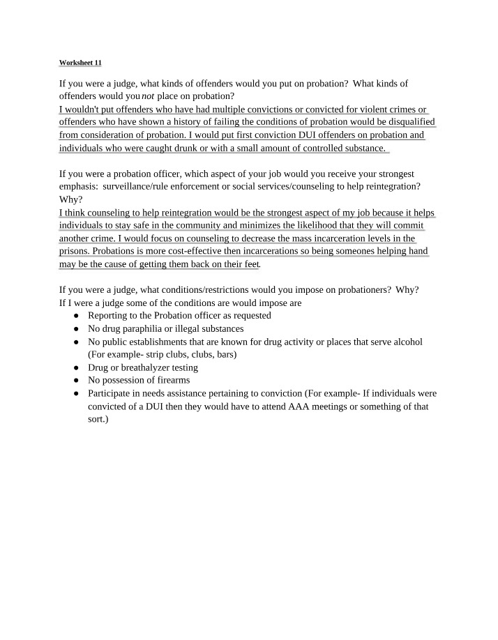 Worksheet on Probation Criteria and Considerations
