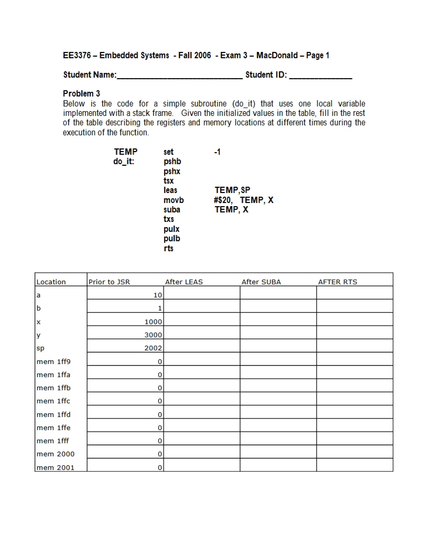 Third Exam for Microprocessor Systems