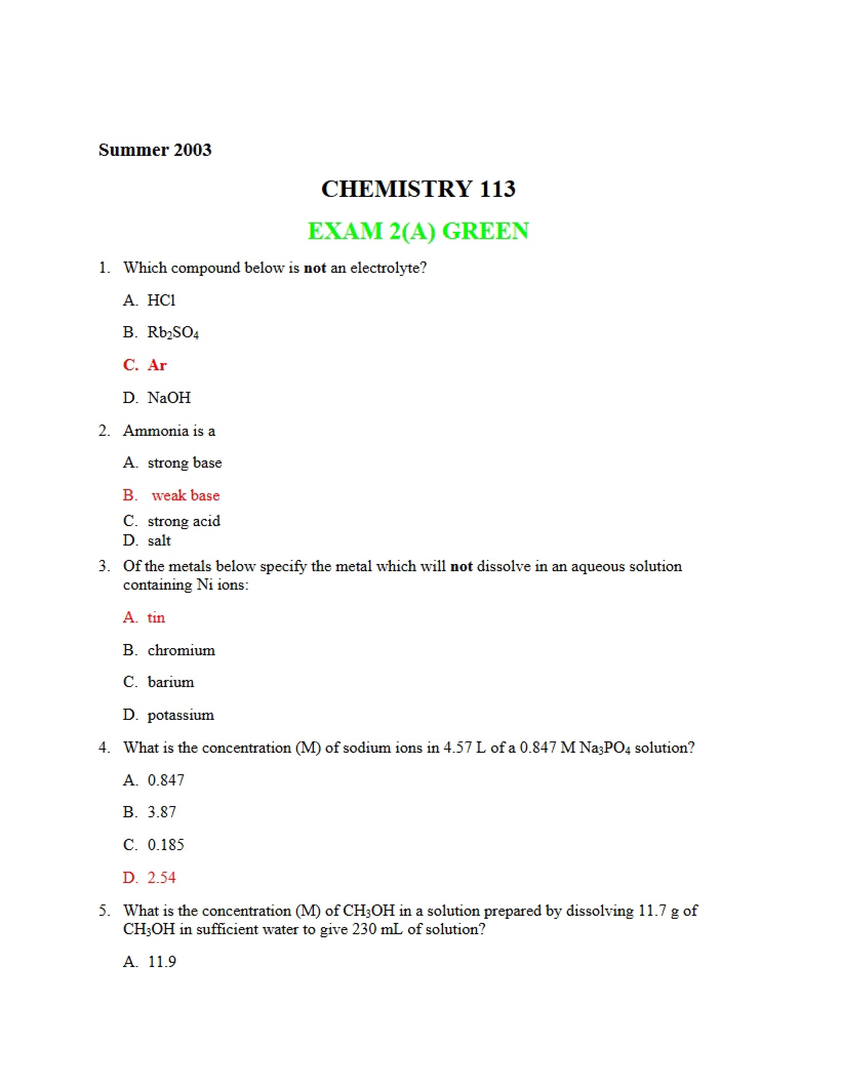 Answer Key for Exam
