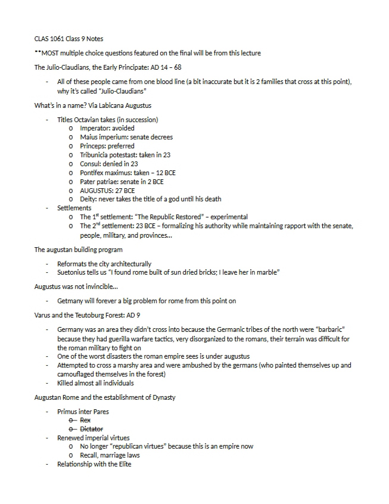 Ninth Class Notes for The Rise and Fall of Ancient Rome