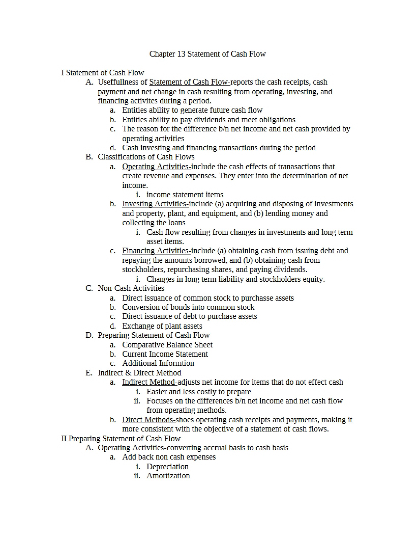 Statement of Cash Flow Chapter 13