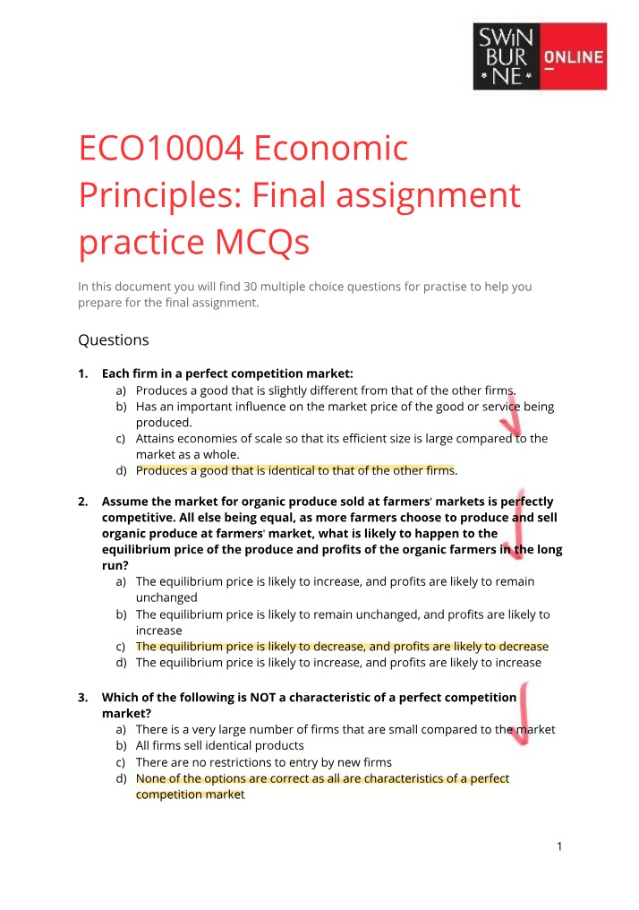 Practice MCQs for ECO10004 Final Assignment