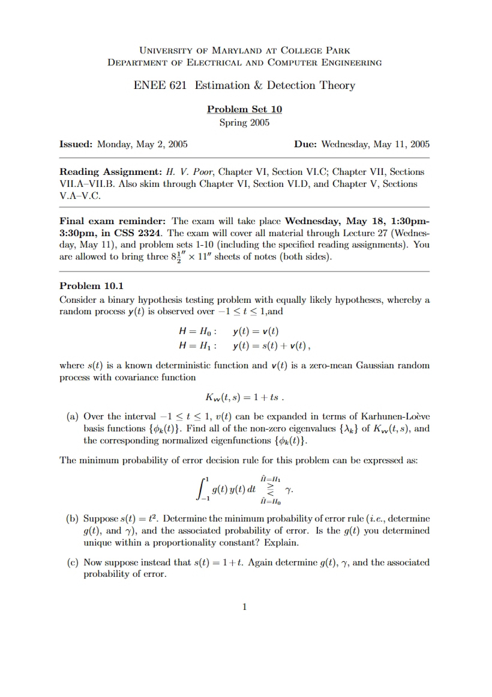 Tenth Problem Set