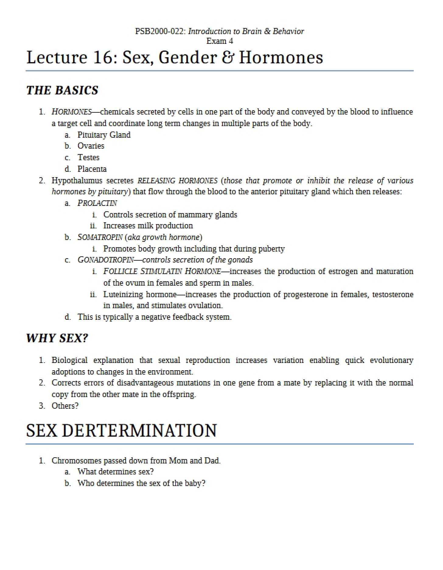 Hormones, Gender, and Sex Lecture 16