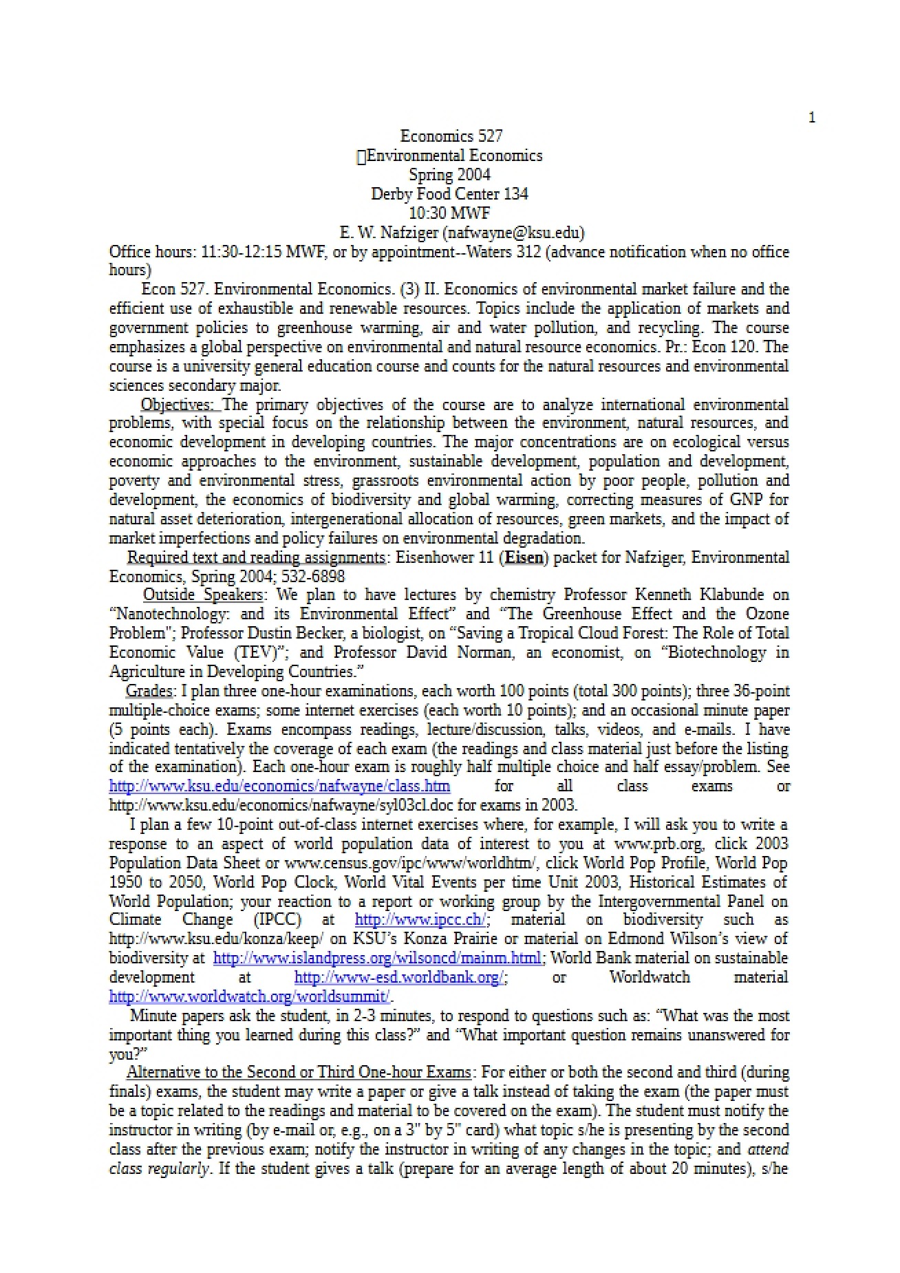 Syllabus for a Course on Environmental Economics