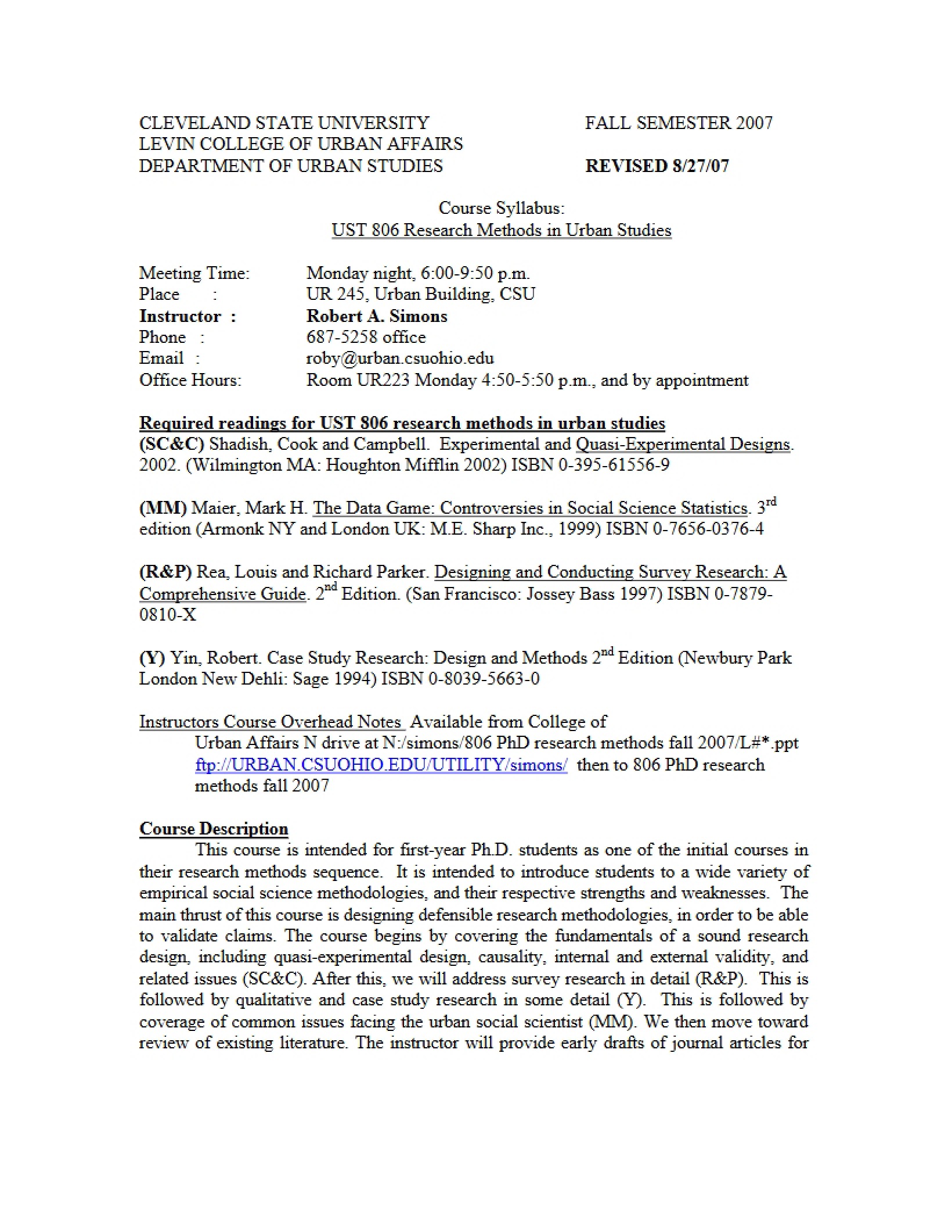 Urban Studies Research Methods Syllabus