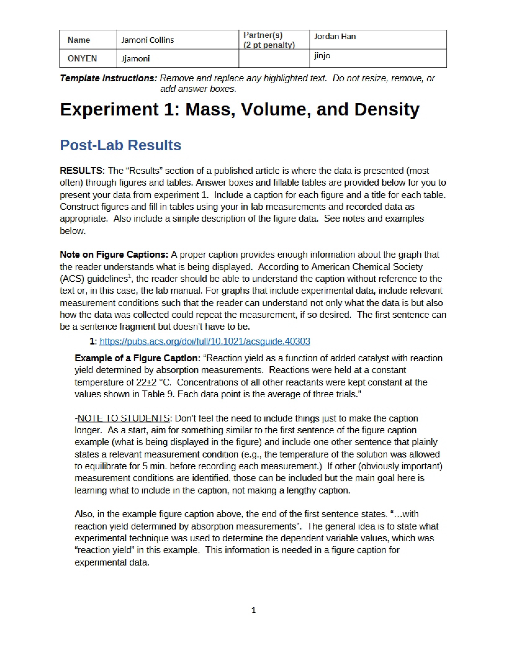 Experiment One Density, Mass, and Volume