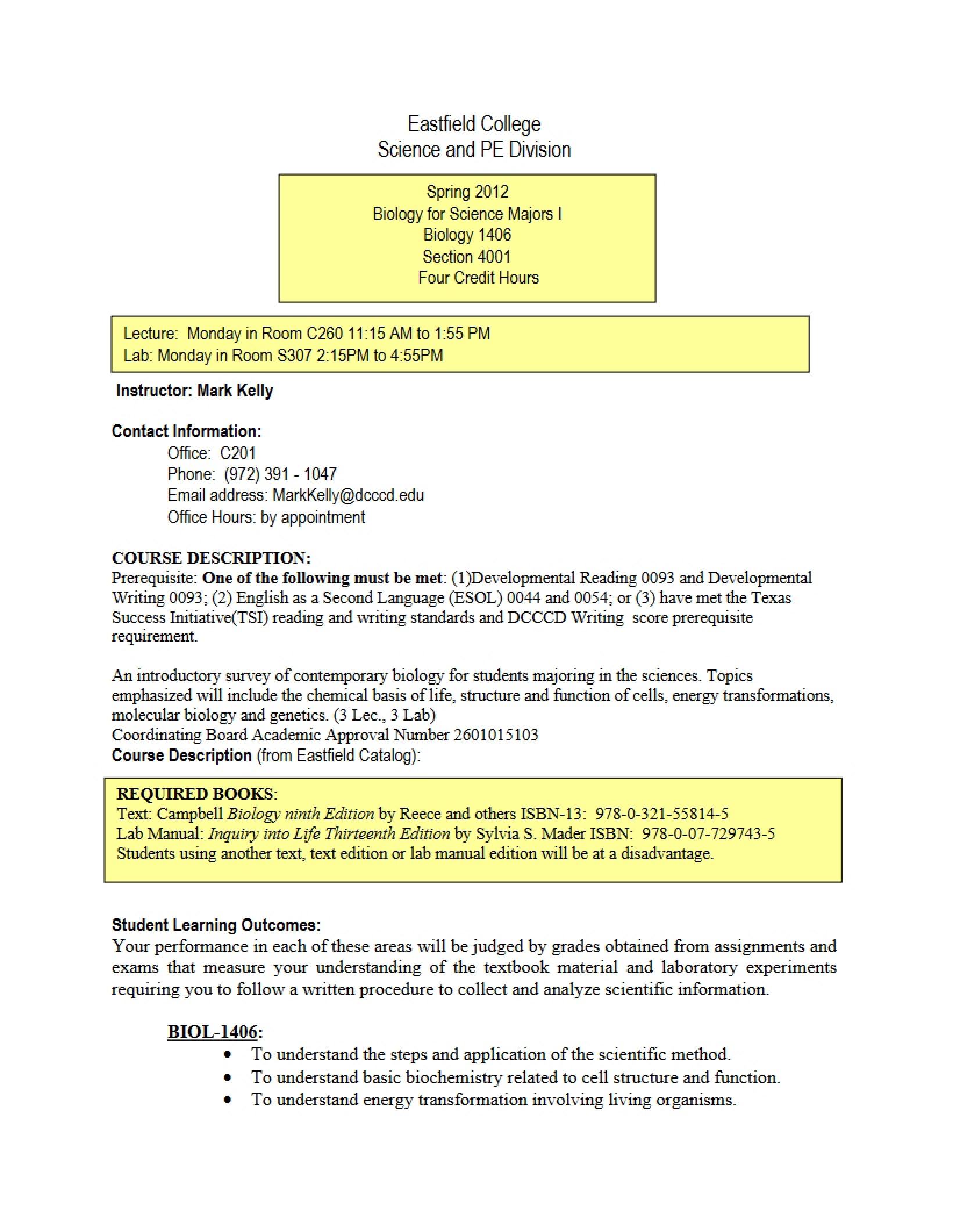 Biology for Science Majors I Syllabus