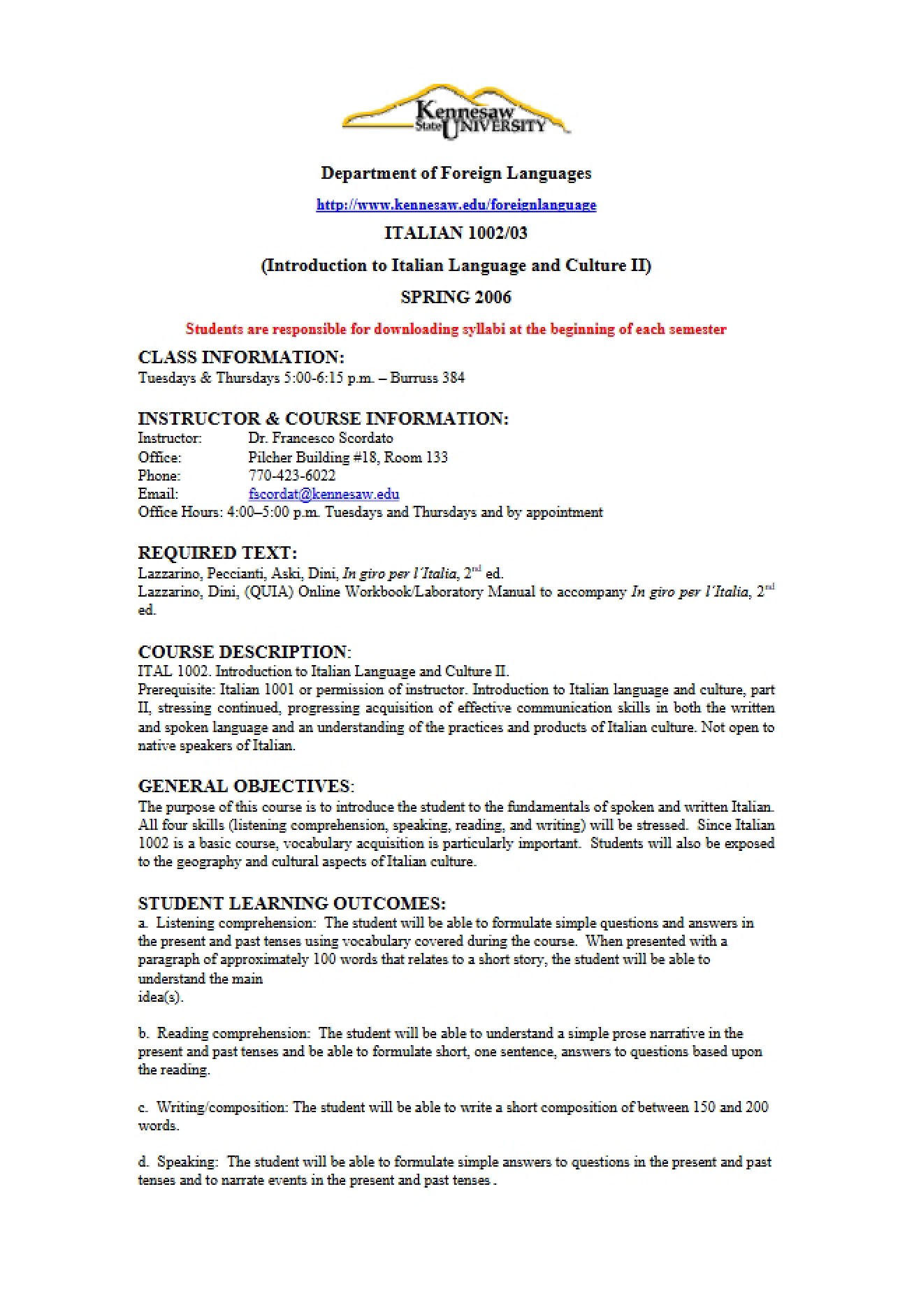 Italian II Course Document