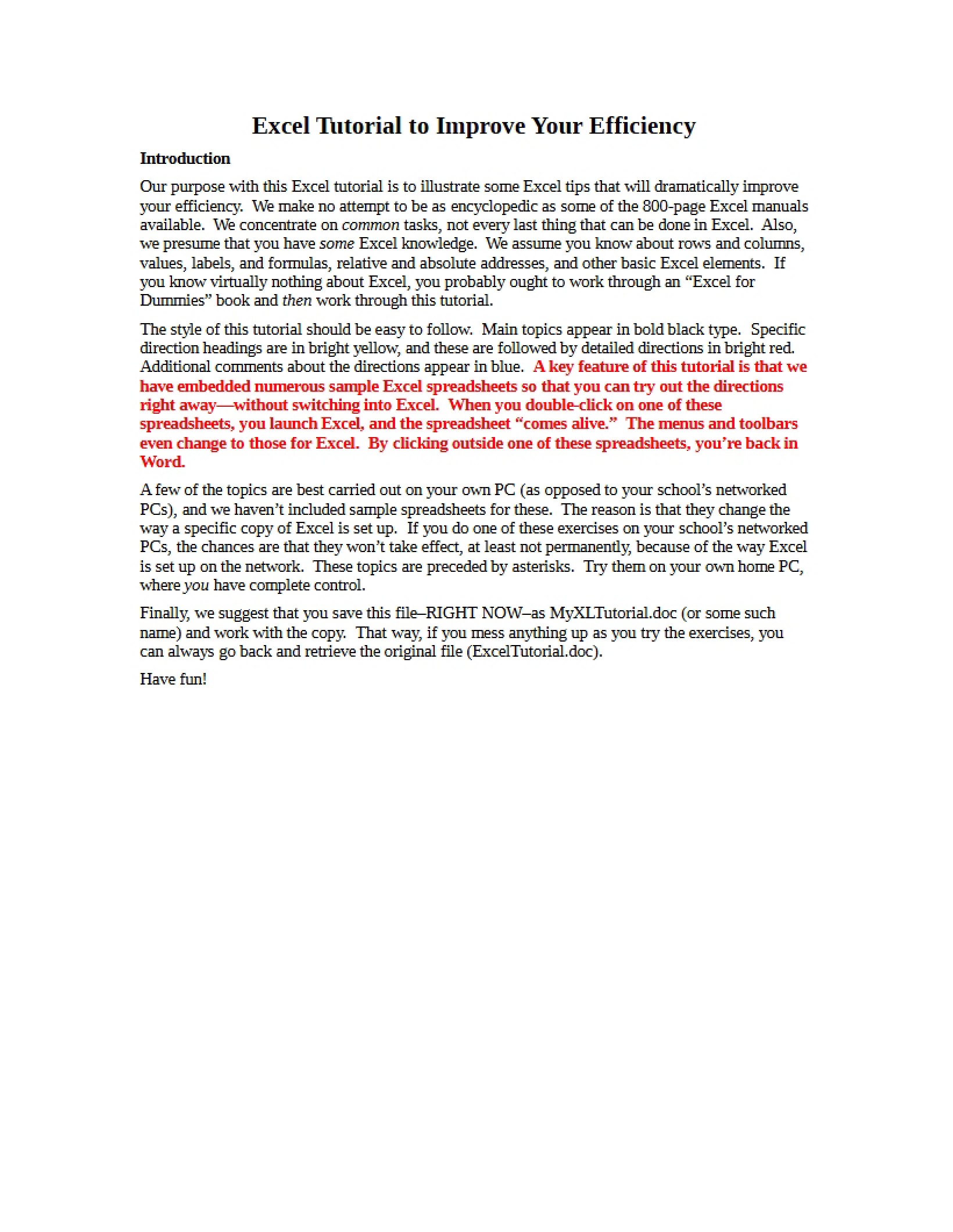 Tutorial for Excel