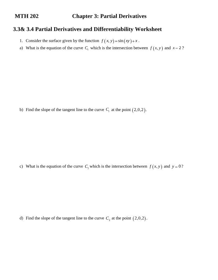 Worksheet - Chapter 3 - Partial Derivatives